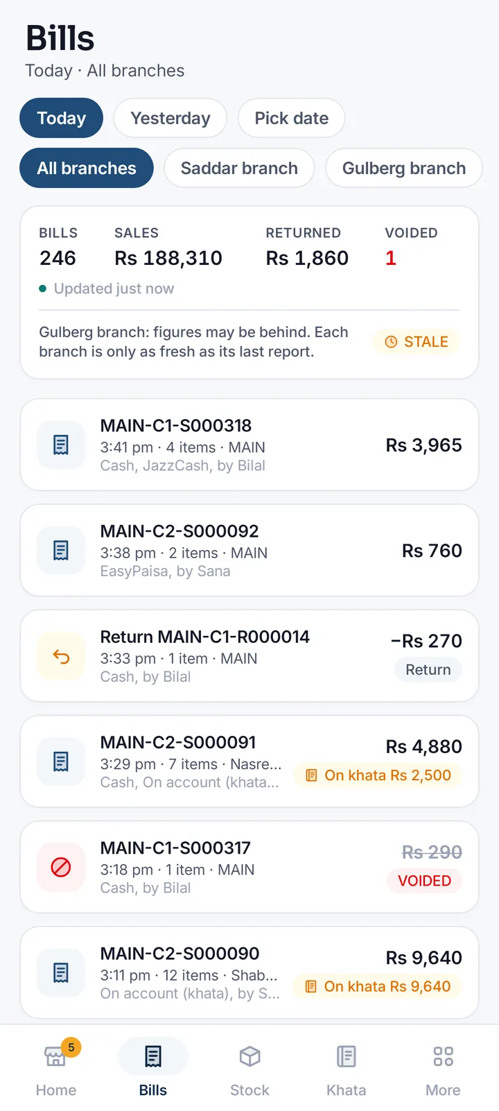 MartPOS Owner bills screen for today: 246 bills, sales Rs 188,310, a return, a voided bill, and bills paid in cash, JazzCash, EasyPaisa or on khata