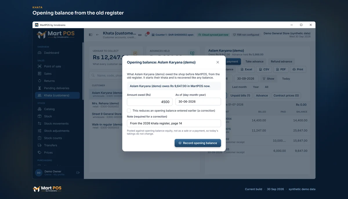 The Opening balance dialog for Aslam Karyana (demo): Rs 4,500 as of 30-06-2026, from the 2026 khata register, page 14