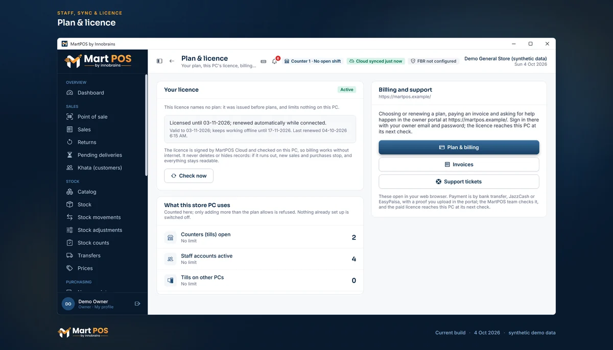 Plan & licence: the licence is active until 3 November 2026 and names no plan; this store PC uses 2 counters, 4 staff accounts and no tills on other PCs; plans, invoices and support open in the owner portal