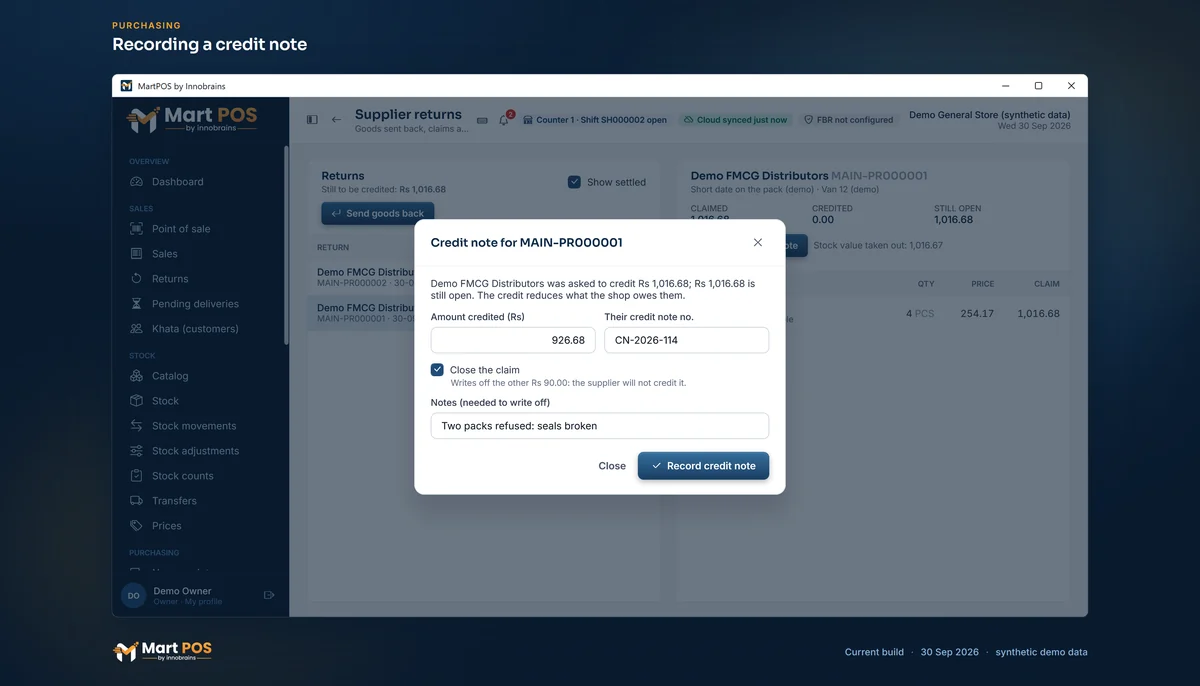 The Credit note dialog: Rs 926.68 credited against a Rs 1,016.68 claim, the claim closed and Rs 90.00 written off