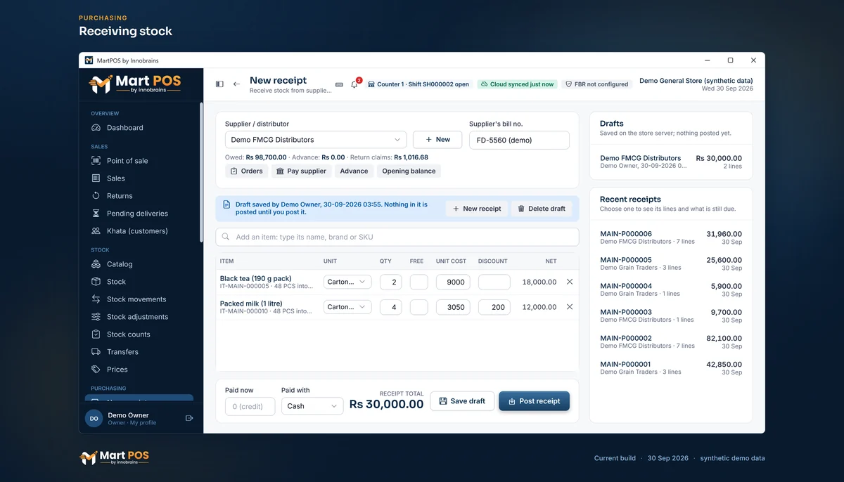 The New receipt page with a draft from Demo FMCG Distributors: 2 cartons of black tea and 4 cartons of packed milk, Rs 30,000.00