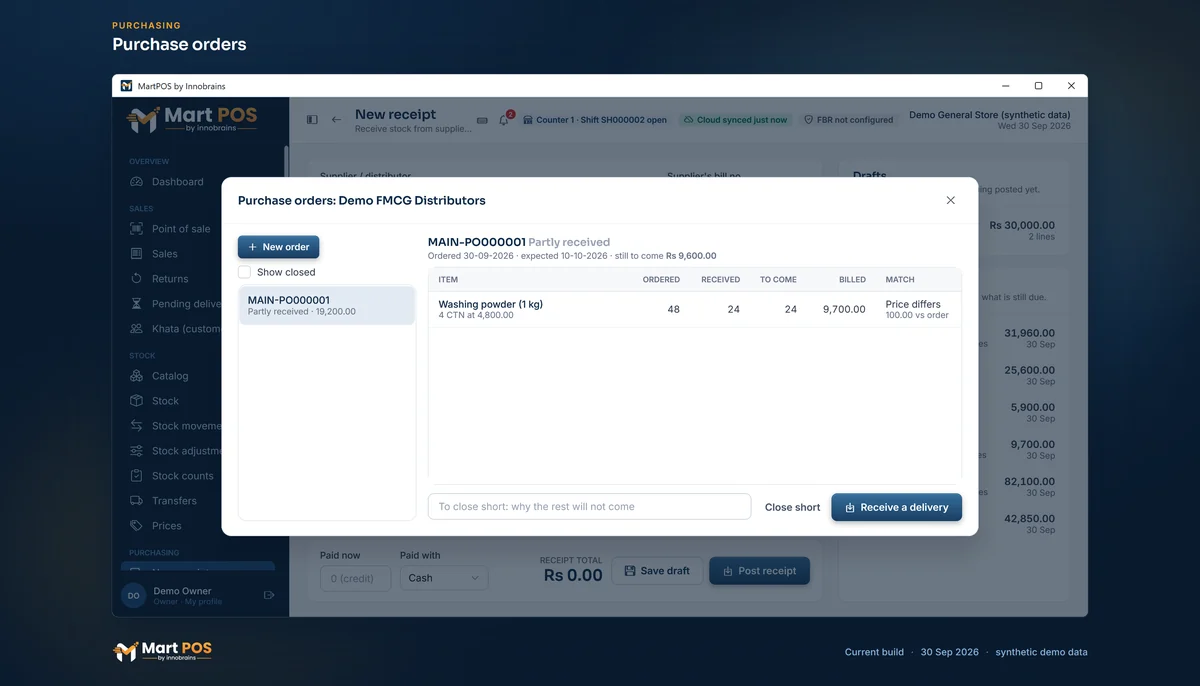 The Purchase orders dialog: washing powder, 48 ordered and 24 received, billed Rs 100 above the order price