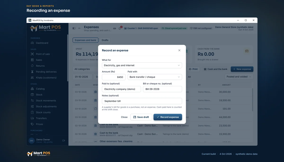 The Record an expense window over Expenses: Electricity, gas and internet, Rs 8,450 by bank transfer to Electricity company (demo), bill 09-2026, the September bill