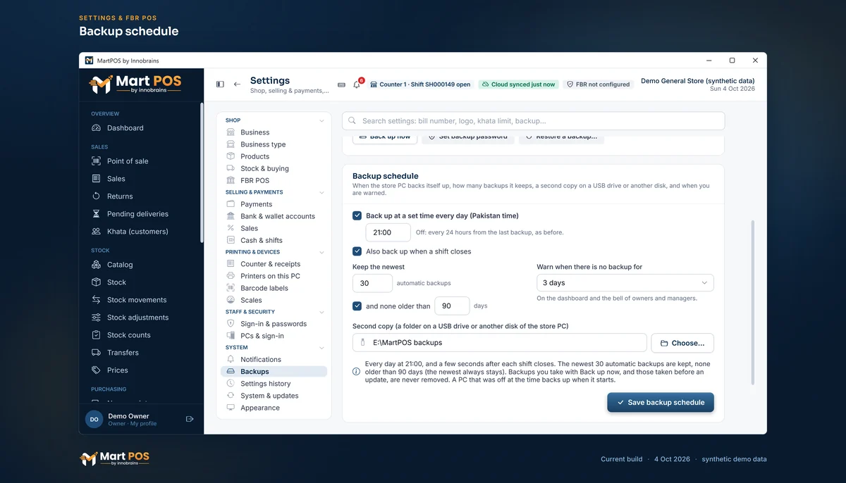 Settings, Backup schedule: every day at 21:00 Pakistan time and when a shift closes, the newest 30 automatic backups kept and none older than 90 days, a warning after 3 days without a backup, and the second copy in a folder on drive E