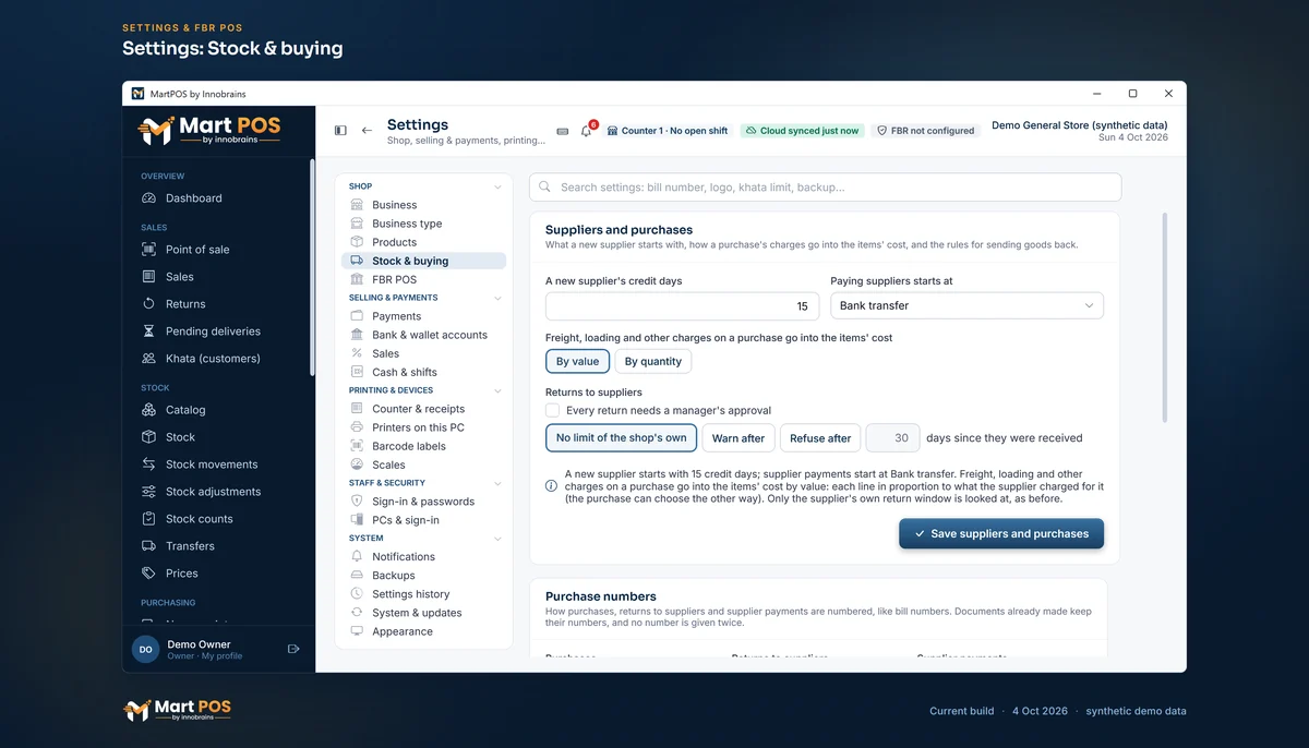 Settings, Stock & buying: a new supplier gets 15 credit days and is paid by bank transfer, purchase charges are shared into the cost by value, and returns to suppliers have no limit of the shop's own