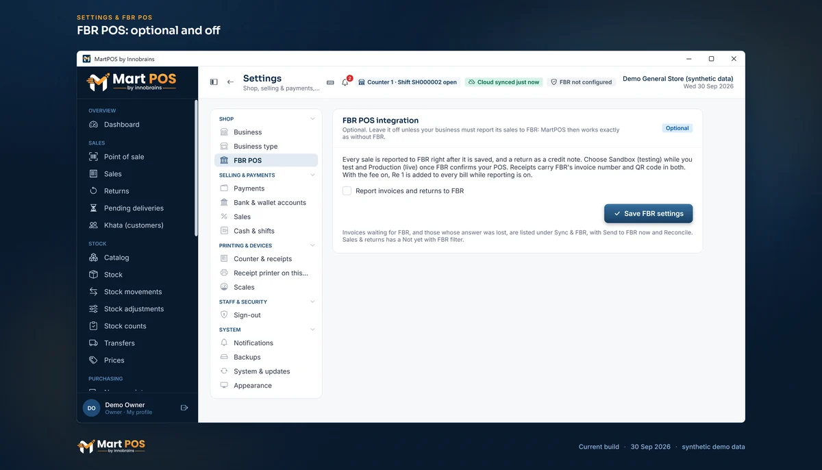 Settings, FBR POS integration, with reporting to FBR switched off