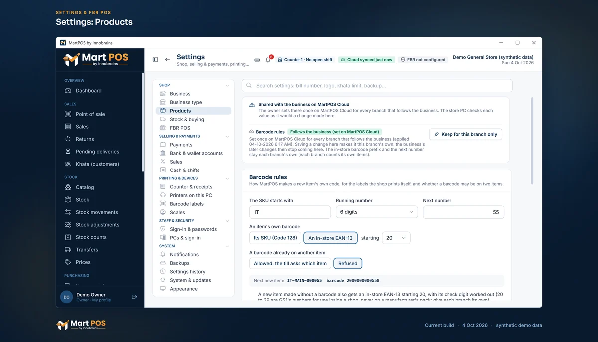 Settings, Products: SKUs starting IT with 6 digits, in-store EAN-13 barcodes starting 20, duplicate barcodes refused, and the next new item shown as IT-MAIN-000055 with barcode 2000000000558; the barcode rules follow the business
