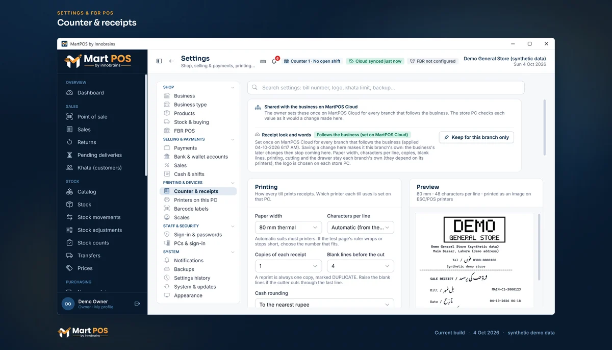 Settings, Counter & receipts: the receipt look and words follow the business set on MartPOS Cloud, an 80 mm paper width, one copy and rounding to the nearest rupee, beside a preview with the DEMO GENERAL STORE logo and English and Urdu headings