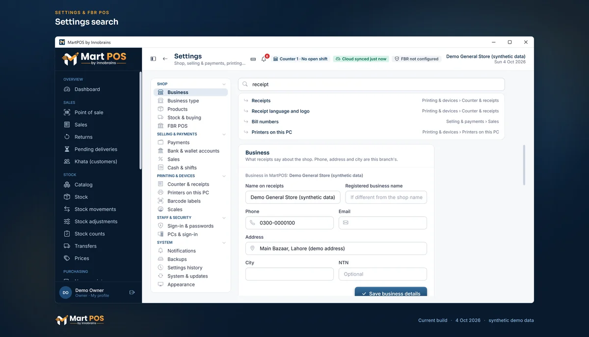 Settings search with receipt typed in: Receipts, Receipt language and logo, Bill numbers and Printers on this PC are offered