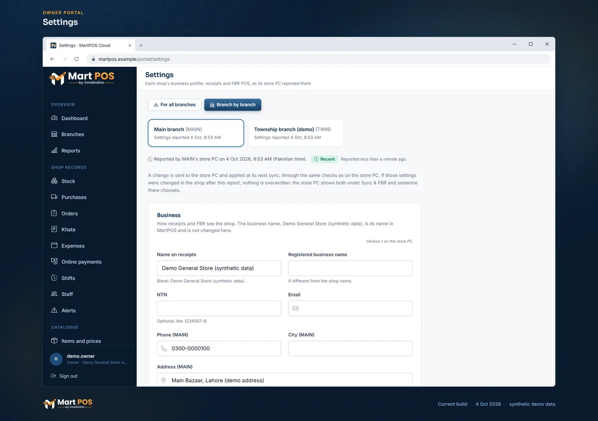 The owner portal's Settings, branch by branch: Main branch and Township branch (demo) with when each reported its settings, and Main branch's business profile with its name on receipts, phone and address