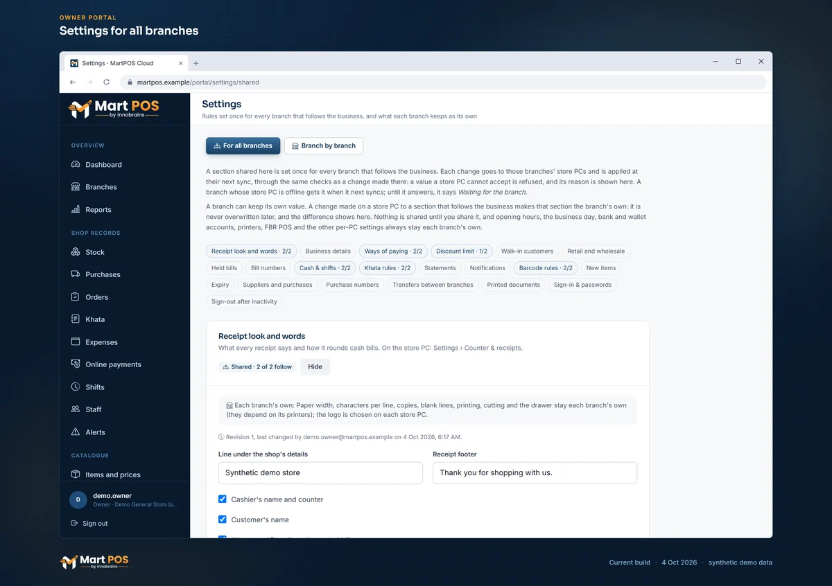 The owner portal's Settings for all branches: sections such as receipt look and words, ways of paying, khata rules and barcode rules shared with the branches that follow the business, and Receipt look and words followed by 2 of 2 branches